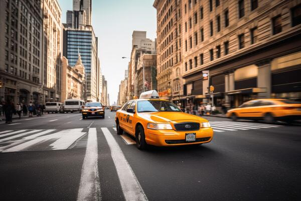Yellow taxi cab driving down a busy city street lined with tall buildings during golden hour